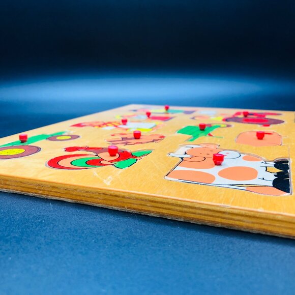 Vintage 70s SIMPLEX TOYS Wood Tray Puzzle: Farmer & Animals, Made in Holland - Picture 7 of 10